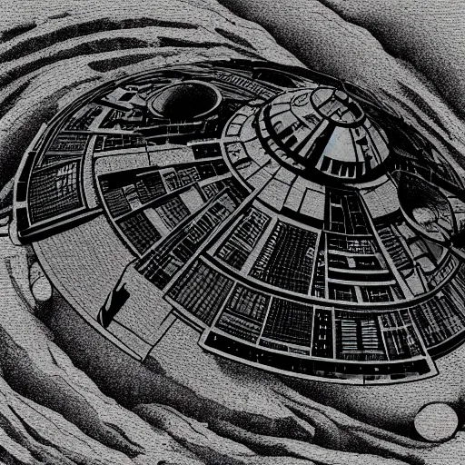 Prompt: The Millennium Falcon starting from the surface of a rocky planet as a monochrome drawing in Bauhaus style
