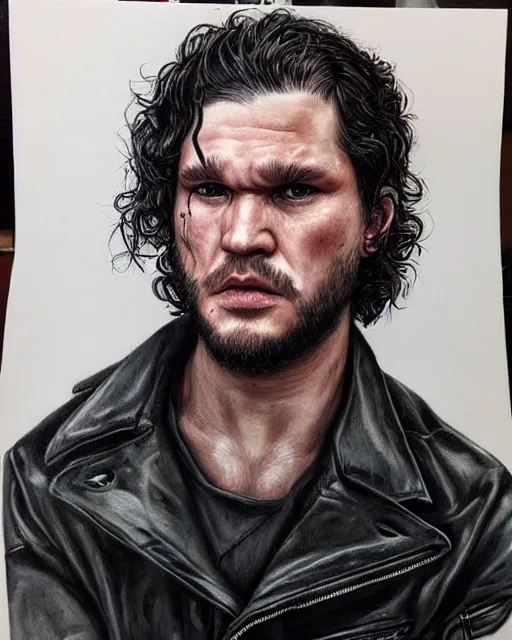 Prompt: portrait of kit harrington, gritty, dark, wearing a leather jacket, very detailed eyes, hyperrealistic, very detailed painting by Glenn Fabry, by Joao Ruas, by Artgerm