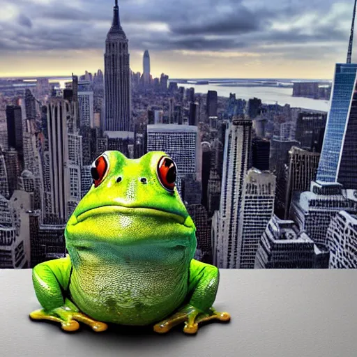 Image similar to giant frog standing over new york city