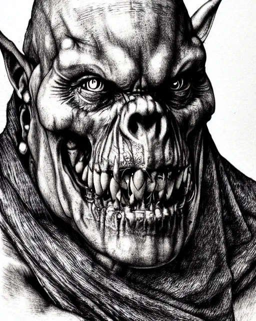 Image similar to orc, hyper realism, fine details, deviantart artstation, extremely detailed, black and white, very sharp, in the style of albrecht durer, etching,