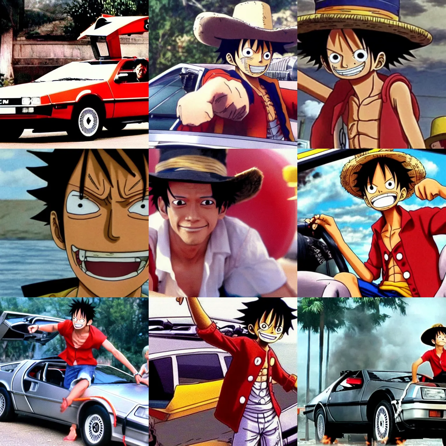 Prompt: still of Luffy from One Piece inside the DeLorean in the Back to the Future movie (1983)