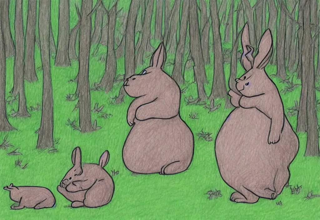 Prompt: drawing of a sighting of big chungus in a forest, award winning drawing, high detail