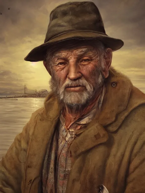 Prompt: realistic renderings portrait of very old fisher man portrait with a hat, wearing a fisher 🧥, ( ( ( a bird in the sky ) ) ) port scene background, astonishing scenes, detailed, photorealism, volumetric lighting, autumn lights colors, ultra detailed