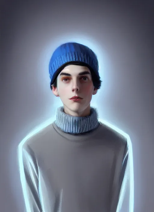 Image similar to portrait of teenage jughead jones, wearing a light grey crown, light grey crown, blue turtleneck, 1 9 5 0 s, intricate, elegant, glowing lights, highly detailed, digital painting, artstation, concept art, smooth, sharp focus, illustration, art by wlop, mars ravelo and greg rutkowski