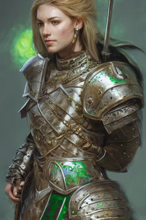 Image similar to highly detailed full body portrait painting of a proud young female knight wearing heavy armour in the style of Warhammer Fantasy by Craig Mullins, medium hair, green eyes, earrings, low angle shot, highly detailed, trending on artstation, cgsociety, 4k, 8k, HDR, octane render, unreal engine