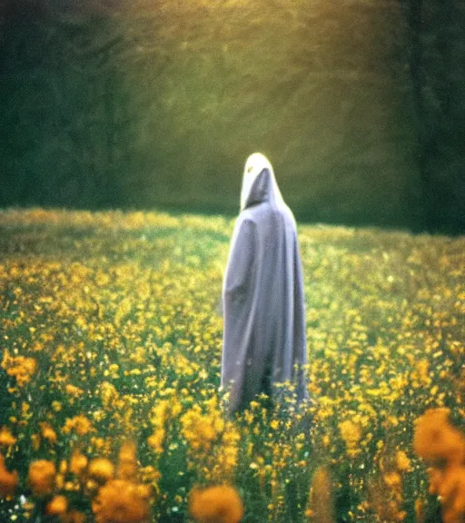 Image similar to tall hooded shadow person figure standing in beautiful meadow of flowers, film photo from 1970s, grainy, high detail, high resolution