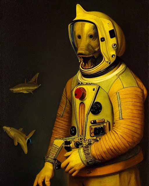 Prompt: shark - headed cosmonaut, proudly posing for a portrait, painted by rembrandt, intricate, detailed, atmospheric lighting, golden hour.