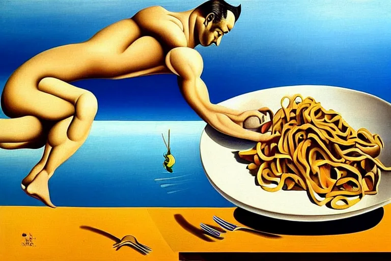 Prompt: olympic diver diving into a dish of pasta, detailed surrealist painting by salvador dali