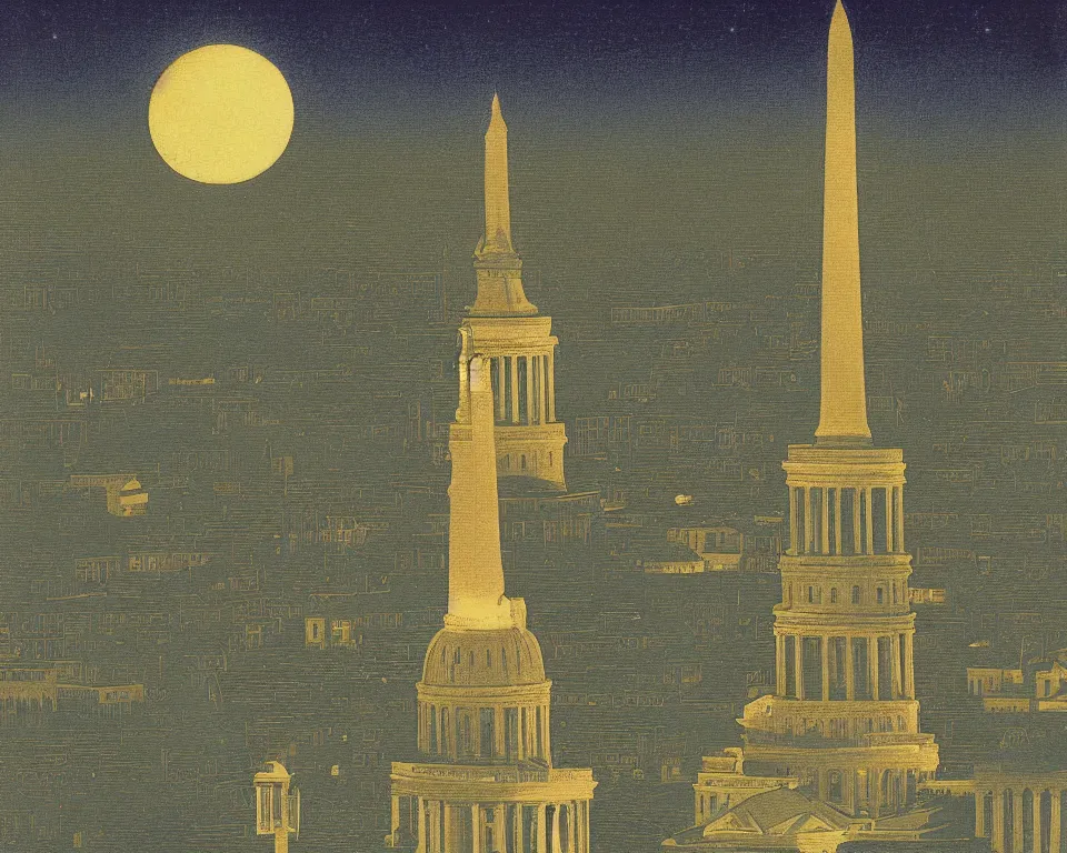 Prompt: beautiful print of the U.S. Capitol bathed in moonlight by Hasui Kawase and Lyonel Feininger.