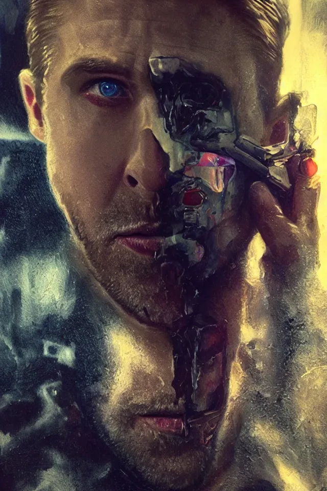 Image similar to Ryan Gosling As The Punisher, skull face makeup, head and shoulders portrait, stormy weather, extremely detailed masterpiece, oil on canvas, low-key neon lighting, artstation, Blade Runner 2049, Roger Deakin’s cinematography, by J. C. Leyendecker and Peter Paul Rubens and Edward Hopper and Michael Sowa