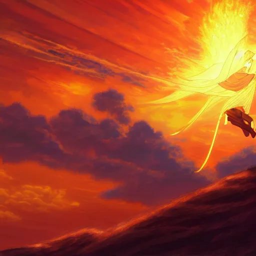 Image similar to a beautiful ultradetailed anime illustration of a man in Biblical clothing flying in the sky on his fiery chariot, desert background chariot on fire, horses on fire by makoto shinkai, anime wallpaper 4k, prismatic