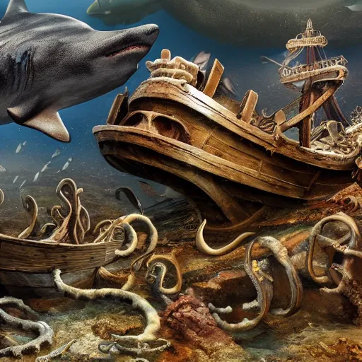 Image similar to vintage viking shipwreck surrounded by sharks and octopus, photorealistic, ultra-detailed, 4k high resolution, HDR shot, cinematic lighting