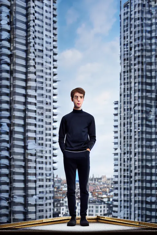 Image similar to un ultra high definition studio quality photographic art portrait of a young man standing on the rooftop of a british apartment building wearing soft padded silver pearlescent clothing. three point light. extremely detailed. golden ratio, ray tracing, volumetric light, shallow depth of field. set dressed.