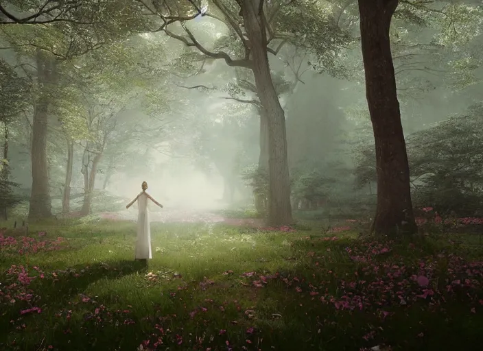 Image similar to a woman dressed in a white dress, seen from behind, in a magical forest, painted by, mc escher, gordon onslow ford, georgia o'keeffe and ivan aivazovsky, cinematic light, god rays, colourful, unreal engine, zbrush central,