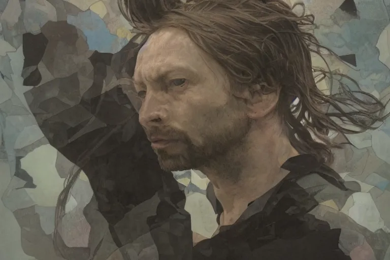 Image similar to hyper realistic portrait of thom yorke singer songwriter, side, liminal space, by lee bermejo, alphonse mucha and greg rutkowski