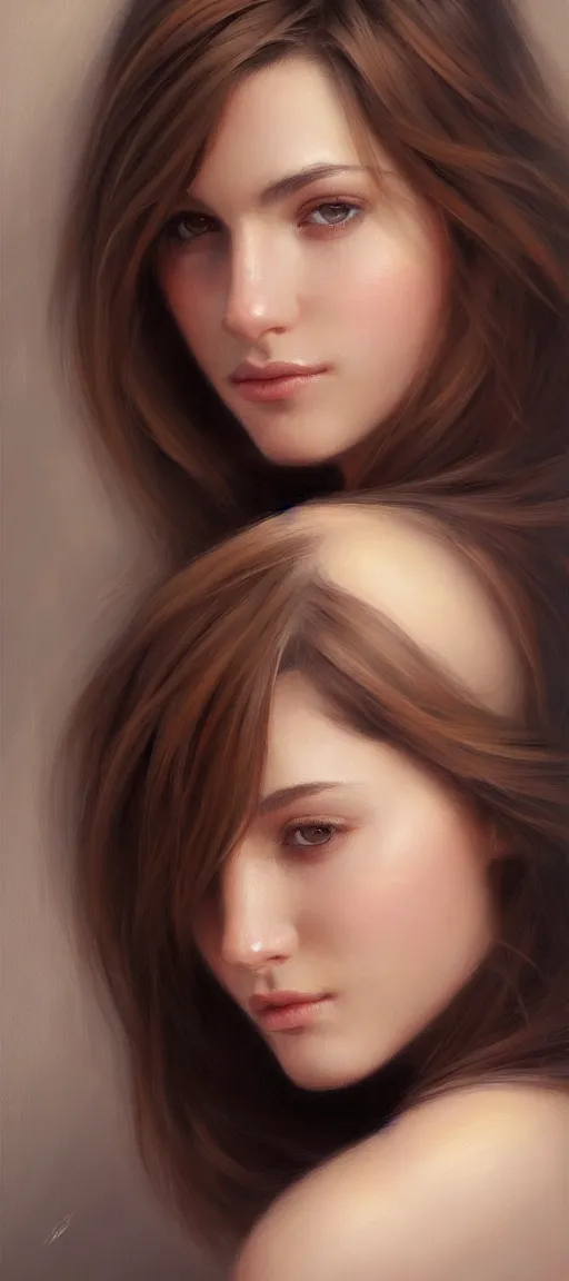 Image similar to a portrait of a very beautiful woman with a thin scar across her left cheek, brown eyes, shoulder-length brown hair, illustration, soft lighting, soft details, painting oil on canvas by mark arian by artgerm, trending on artstation, 4k, 8k, HD