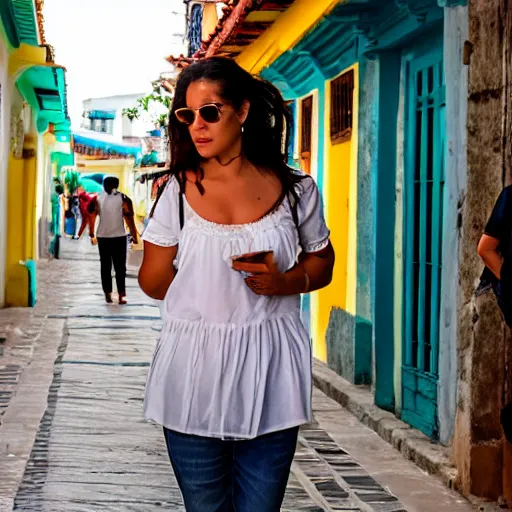 Prompt: Beautiful colombian woman walking in cartagena colombia streets