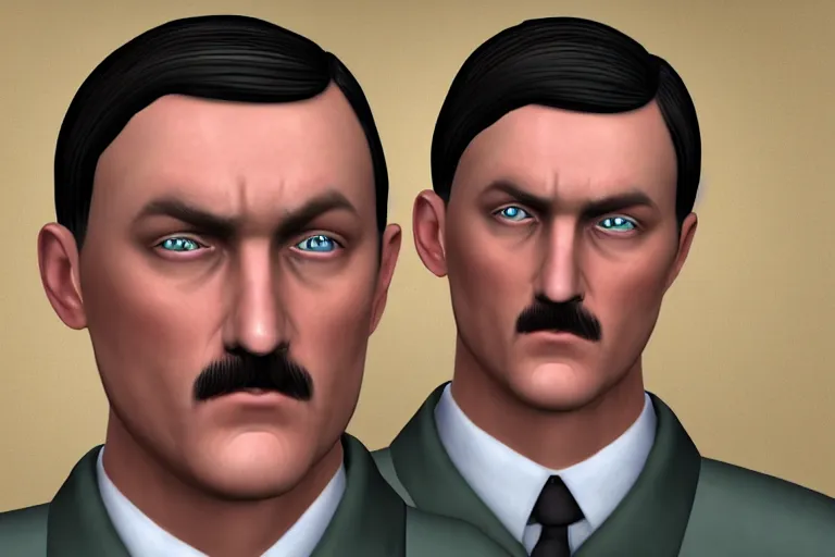 Prompt: a photo of hitler as a sims character, photorealistic, 8 k, close up