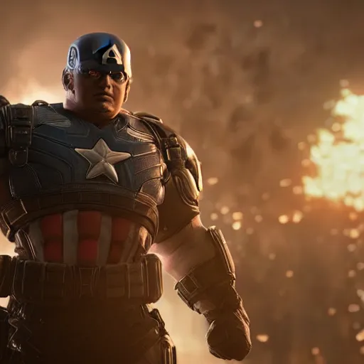 Image similar to Portrait of Donald Trump as captain america in Gears of War, splash art, movie still, cinematic lighting, dramatic, octane render, long lens, shallow depth of field, bokeh, anamorphic lens flare, 8k, hyper detailed, 35mm film grain