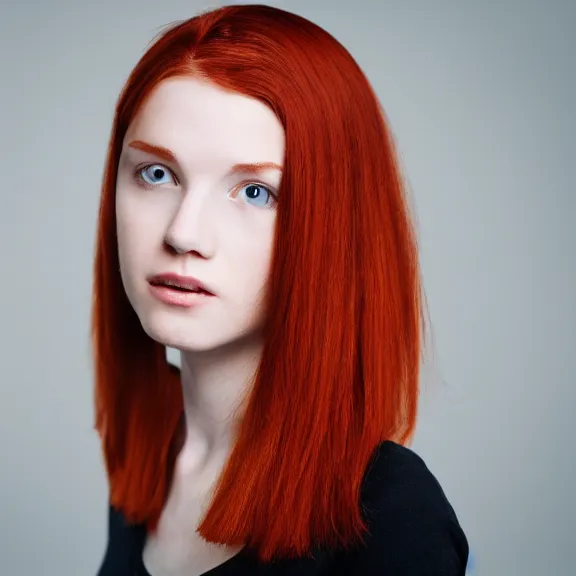 Image similar to portrait of a plain looking young white female model red hair and uneven skintone and a round shaped face