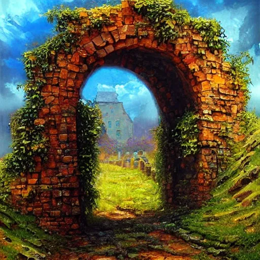 Image similar to colorful marc simonetti and Mark Keathley impasto!! acrylic painting of the slate stone gateway of a forgotten civilization. vines and creepers, stone etchings