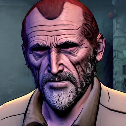 Prompt: Mike Ehrmantraut in the wolf among us, ultra realistic, highly detailed, 4K, 2 colored lighting. extremely interesting