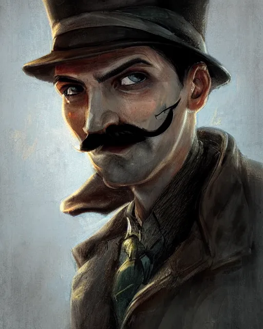 Prompt: a portrait of a male vintage thief with mustache by Cedric Peyravernay