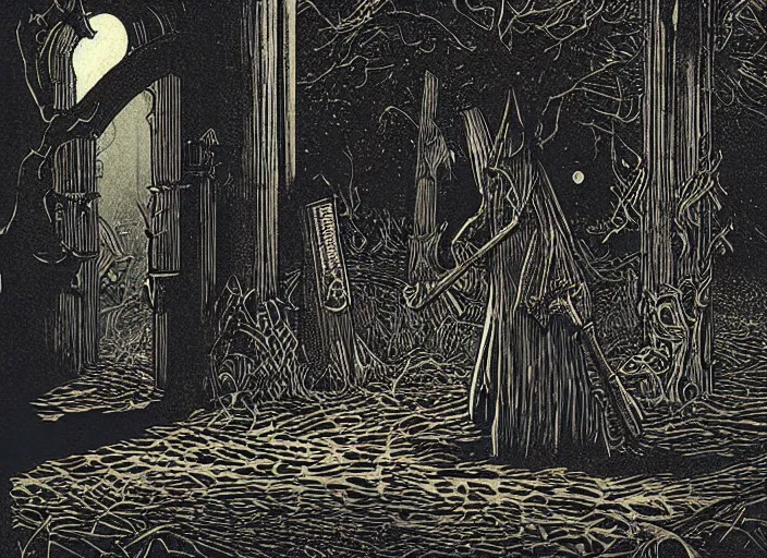 Image similar to two tone woodcut print, ghost in graveyard at midnight by greg rutkowski, fine details, highly detailed