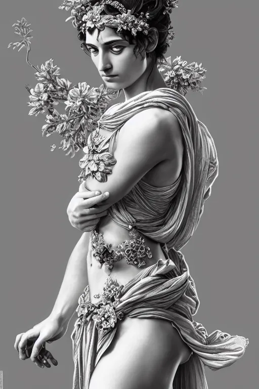 Prompt: body portrait of beautiful greek goddess, wearing an ornate toga with intricate floral patterns, by terry o'neill intricate, elegant, highly detailed, digital painting, glistening skin, artstation, concept art, smooth, sharp focus, bold lighting, illustration, art by artgerm and greg rutkowski and alphonse mucha, 8 k