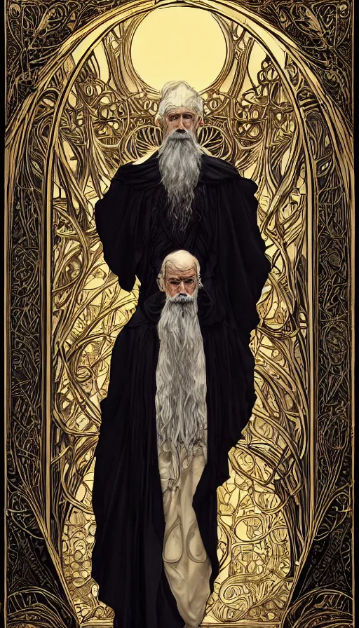 Image similar to one old man wore a black cloak, a black cloak and a white beard, highly detailed, very intricate, art nouveau, gold filigree, left right symmetry, tarot concept art watercolor illustration by mandy jurgens and alphonse mucha and alena aenami, featured on artstation