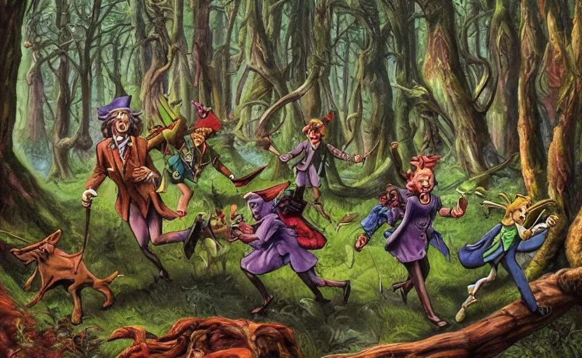 Prompt: a scene of cartoon elves running through a clearing in a dark fantasy forest surrounded by darkness and monster trees. hyperrealist illustration. muted colors. 1 9 7 0's pulp science fiction and fantasy cartoon for alice in wonderland and wizard of oz. highly detailed and richly colored painting by don ivan punchatz and basil gogos. trending on artstation