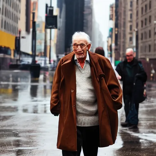 Prompt: an elderly man wearing a brown coat walks across the rainy streets of new york