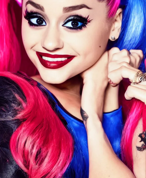 Image similar to ariana grande modeling as harley quinn, professional photograph