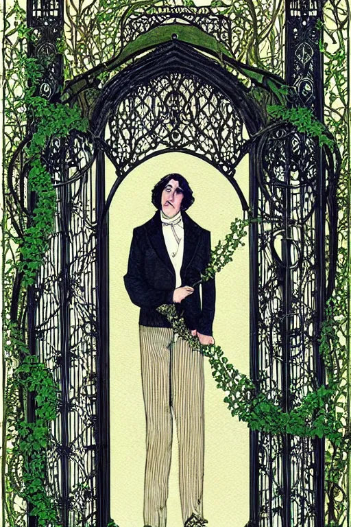 Prompt: realistic portrait of oscar wilde in the center of an ornate gothic gate with ivy, detailed art by kay nielsen and walter crane, illustration style, watercolor