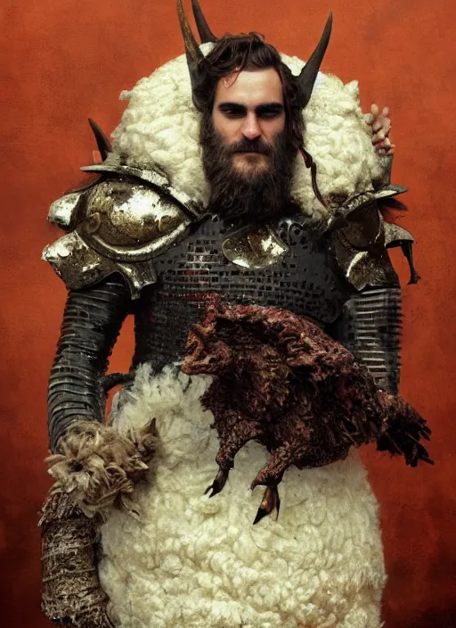 Image similar to joaquin phoenix with a armor made of animals, cow horns, pig nose, sheep wool, chicken feather armor, majestic, fierce, by anna podedworna, by miklos ligeti, by diego maricato, by taran fiddler, by antonino truisi, by chris reddie, by jinsung lim, trending on artstation