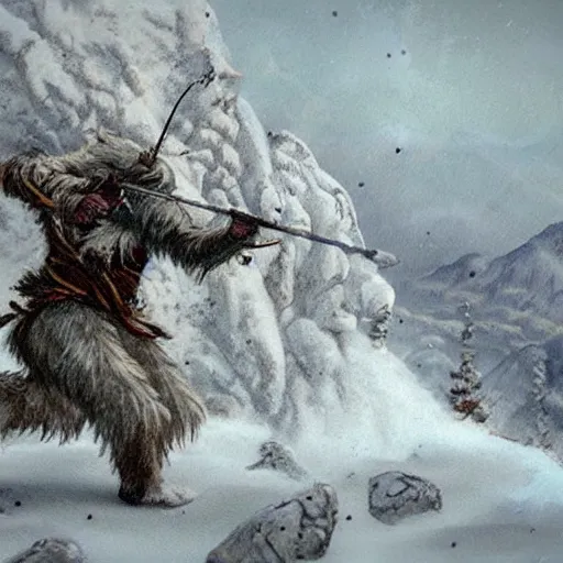 Image similar to a high detailed realistic photo of a yeti archers hunting mountain goats in a blizzard