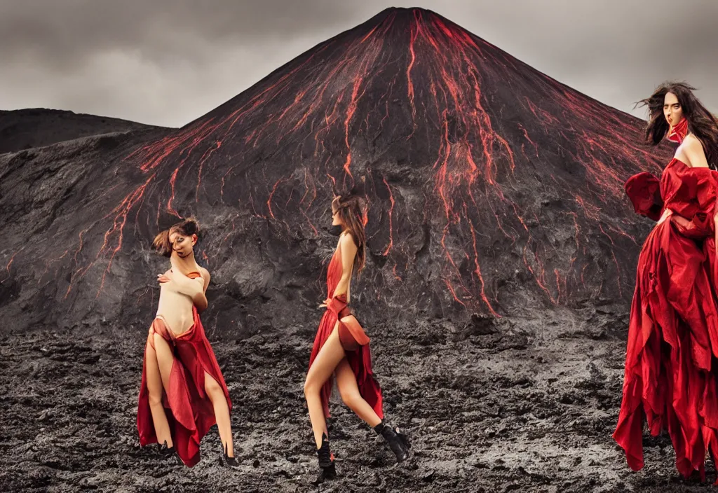 Prompt: fashion editorial in volcano eruption.