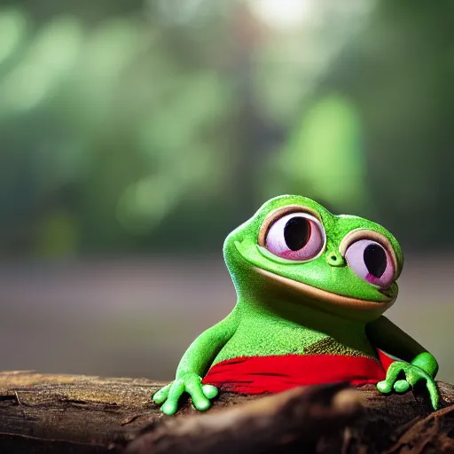 Prompt: baby pepe the frog wearing a very very small sombrero, sitting on a log, pixar, disney, dynamic lighting, bokeh