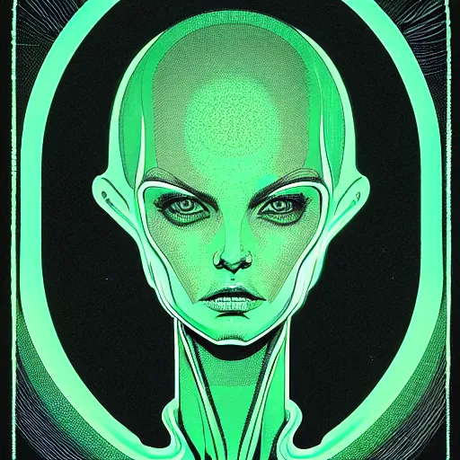 Prompt: portrait top light, by killian eng and joe fenton and martin deschambault and conrad roset, inspired by alien movie 1 9 7 9, green duotone print, etching, fine, sharp high detail,