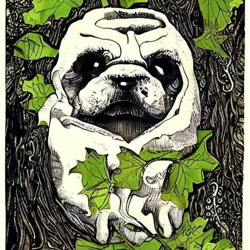 Prompt: a lovecraftian pug monster made of beaks and tentacles | sitting in a tree on a branch | the branch has 1 2 green leaves | illustration, very detailed, pen, ink and watercolors, drawn by brian bolland