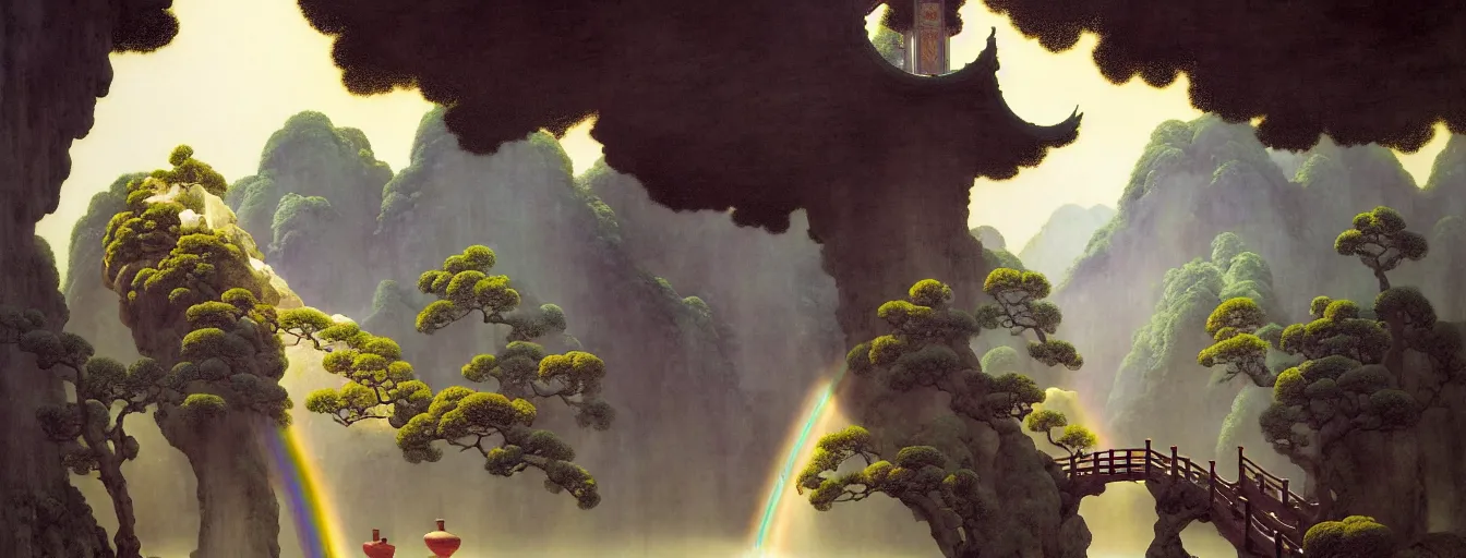 Image similar to a gorgeous landscape painting by barlowe wayne, maxfield parrish and marco mazzoni. chinese temple. rainbow, rainy mood!! sunny morning. a lonely chinese wuxia walks on the winding stone steps, stone gate to the dark cave, 3 d, octane render, turbulent lake, waterfall, fog, 8 k.