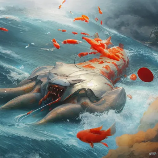 Image similar to subsurface scattering, white, giant submarine, koi colors, koi gone, octane render, jesper ejsing, justin gerard, james jean, tomasz alen kopera, cgsociety, fenghua zhong, makoto shinkai, highly detailed, rim light, art, cinematic lighting, very coherent, hyper realism, 8 k