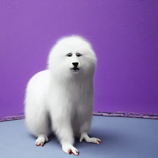 Image similar to a photo of a white fur monster standing in a purple room