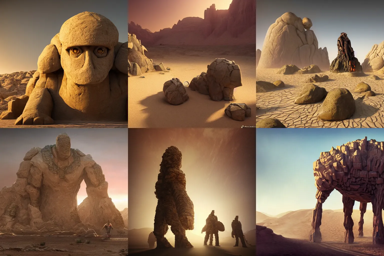 Prompt: desert, oasis, fantasy, giant stone golem, lord of the rings, cinematic, realistic style, beautiful, majestic, dramatic lighting, early morning, dawn cgsociety, realistic, hyper maximalist, golden ratio, octane render, rule of thirds, wide shot, 8 k resolution, epic volumetric light, cinematography, concept art, artstation trending, environments, fantasy