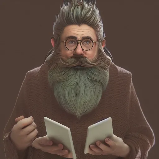 Prompt: chill gnome - like man, long brown beard, oversized brown mustache, macbook on his lap, wispy smoke, whimsical, art nouveau, photorealistic, octane render, unreal engine, mucha, magritte, artgerm, greg rutkowski, trending on artstation, super detailed, 8 k, control the soul