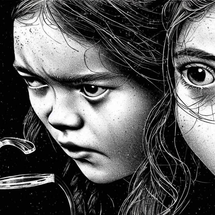 Prompt: extreme close - up on sadie sink as a miner lifts a water glass. background : black tiles on walls. black and white, pencil and ink. by gabriel hardman, joe alves, chris bonura. cinematic atmosphere, detailed and intricate, perfect anatomy