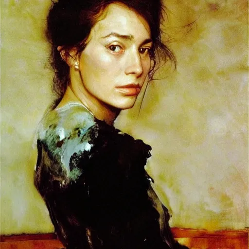 Image similar to a stunning masterful portrait of a confident argentinian woman with messy hair and deep thinking eyes by andrew wyeth, john singer sargent, and norman rockwell, natural light, oil painting, ethereal, wong kar wai, strong brushwork