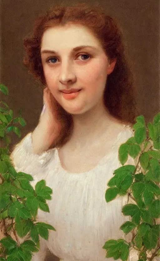 Image similar to portrait, woman!!, by eugen von blaas!! short! brown hair, fuzzy hair!!, smiling, looking at us, symmetrical face, perfect eyes, slight blush!! green plants background!!!