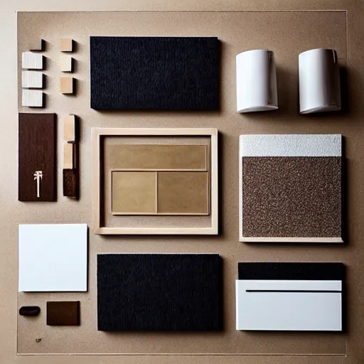 Prompt: “extravagant luxury mountain architectural materials flatlay, by Tadao Ando, modern rustic, Japanese influences”