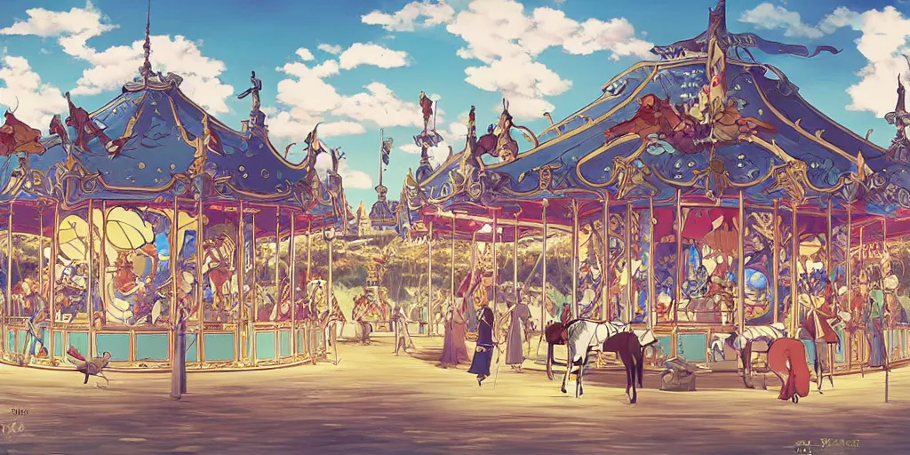Prompt: a fantasy carousel in the style of studio ghibli, makoto shinkai